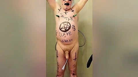 Satan slave takes a perverted piss enema session part 4